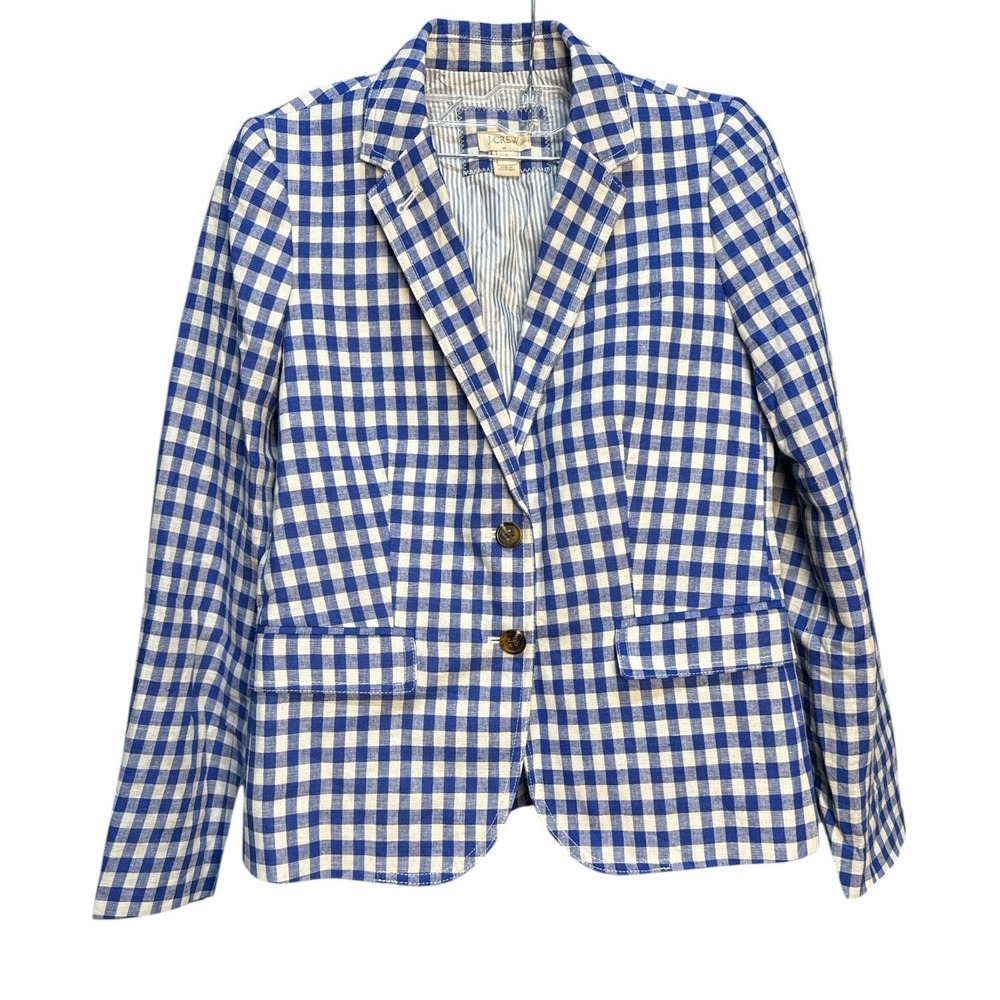 J.Crew Campbell Linen Gingham Blazer Preppy Coastal Blue White‎ Womens Size 0